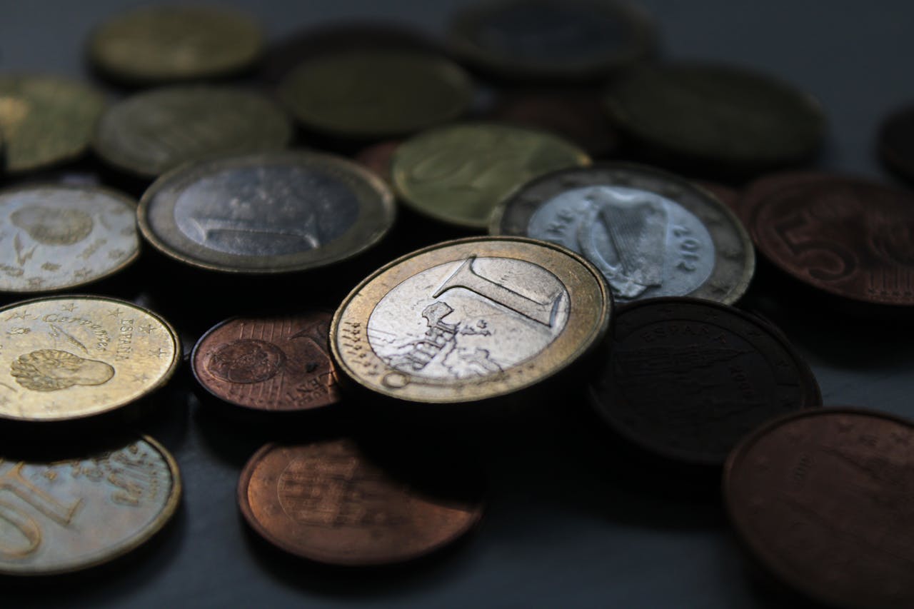 services-04 A close-up shot of Euro coins in various denominations scattered on a dark surface.